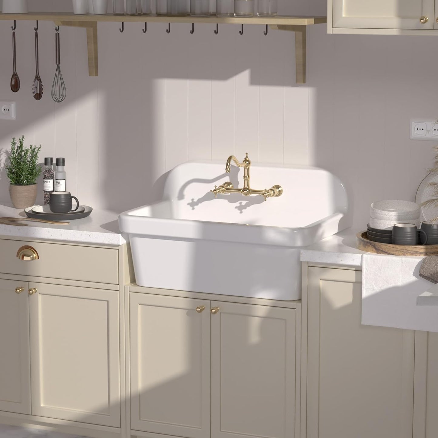 LUCKWIND 30 Inch Wall-Mounted Ceramic Utility Sink, White Farmhouse Sink for Laundry, Bathroom, Kitchen, Garage – Large Capacity, High Back Design