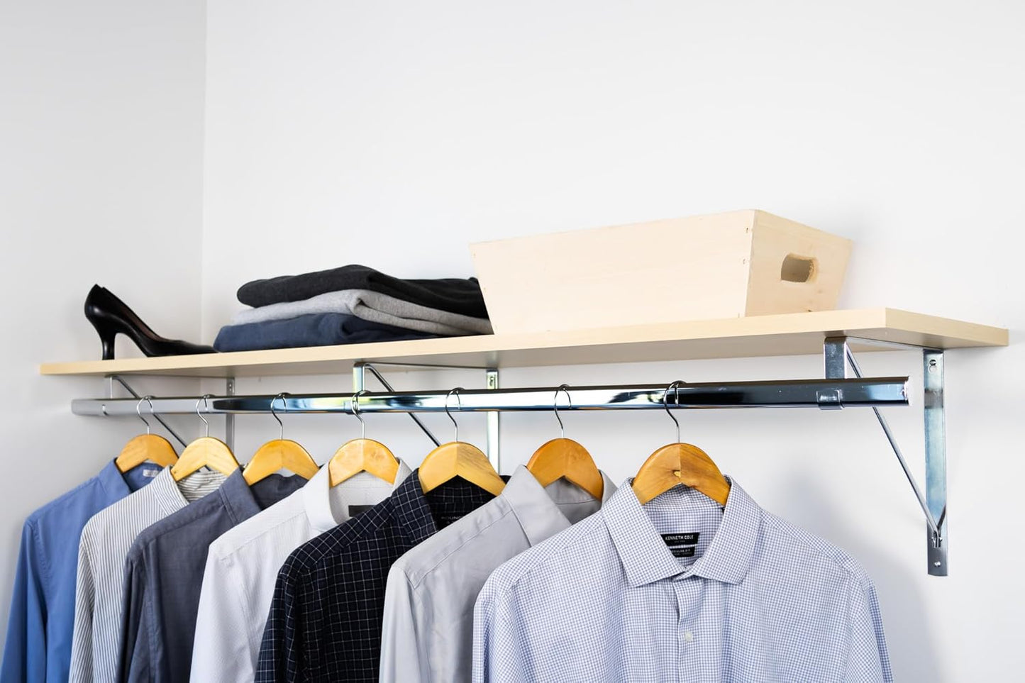 Custom Cut-to-Size Premium Wall-Mounted Shelf with Rod and Bracket Kit. 3/4" Thick Shelves, 14 inches deep. Customize The Length from 16" up to 72".