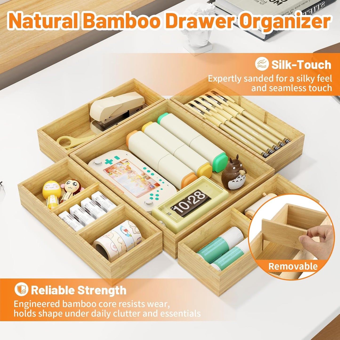 SpaceWhisper Bamboo Drawer Organizer, 10-Piece Drawer Divider with Removable Dividers for Organization and Storage, Multi-Use Stackable Storage Box & Utensil Holder for Kitchen, Office, Makeup & More
