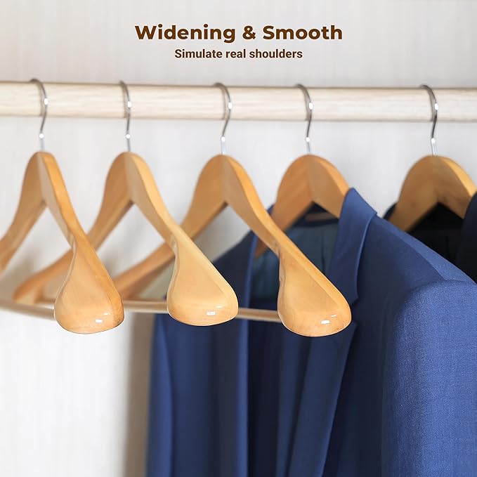 Coat Hanger 8-Pack, MEQUTION Wood Hangers Trouser Hangers Extra Wide Shoulder Wooden Hangers for Heavy Coat, Sweater, Skirt, Suit, Pants, Retro Finish (Natural)