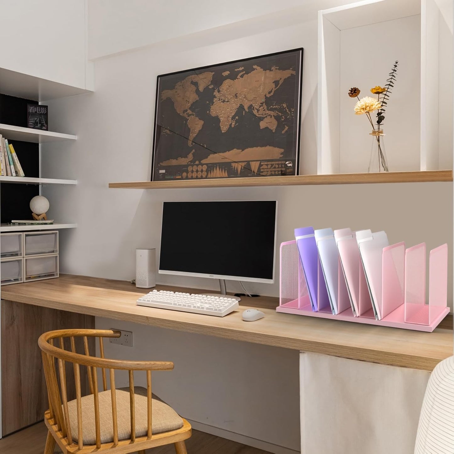 Kuntine.B Desk File Organizer Upright Mesh Desktop Organizer File Sorter Office Organization File Holder for Home, Office & Classroom (Pink, 1 Pack 7-Section)