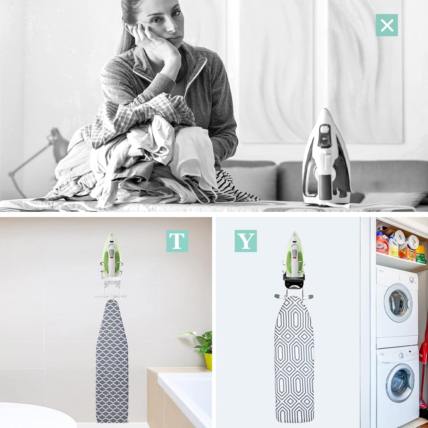 Wall Mount Iron Board Hanger and Ironing Board Storage Organizer Shelf With Removable Hooks for Household Bathroom Laundry Room (White)