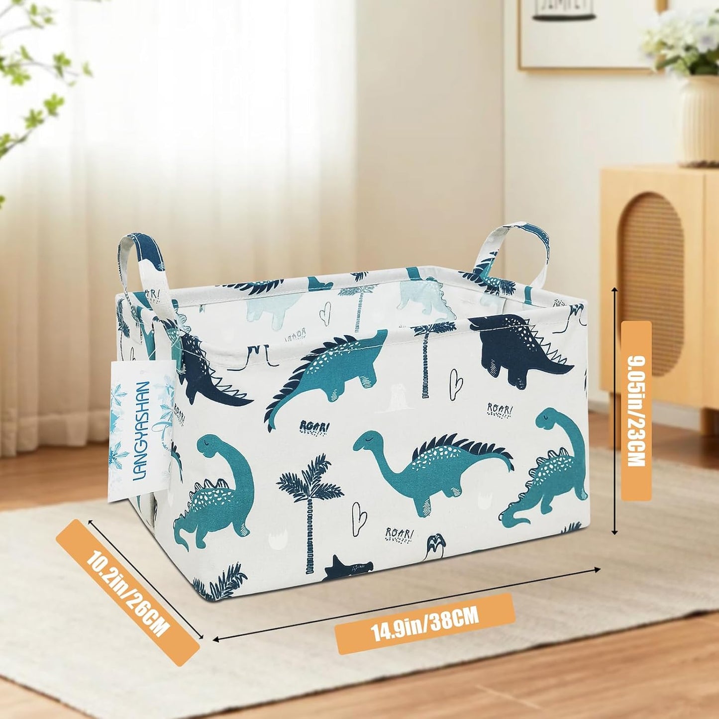 LANGYASHAN Rectangular Storage Bin Collapse Canvas Fabric Cartoon Storage Basket with Handles for Organizing Home Kitchen Boys and Girls Toys Office Closet Shelf Baskets (Rec green dinosaur)