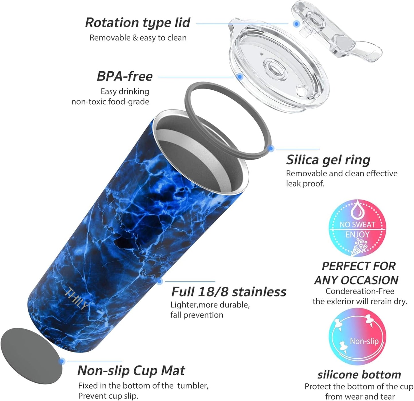 THILY Tumbler Stainless Steel Coffee Cup 26 oz Triple-Insulated Wide Mouth Travel Mug with Splash-Proof Lid, for Iced Drinks and Hot Beverage Smoothies Cup, Abysmal Sea