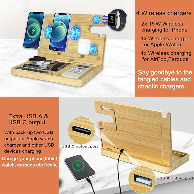 Nightstand Charging Station, 27W Fast Charging Wireless Charger Stand for iPhone/iWatch/Airpod/Samsung, Bamboo Phone Docking Station for Multi Devices, Desk Nightstand Organizer Gifts for Men
