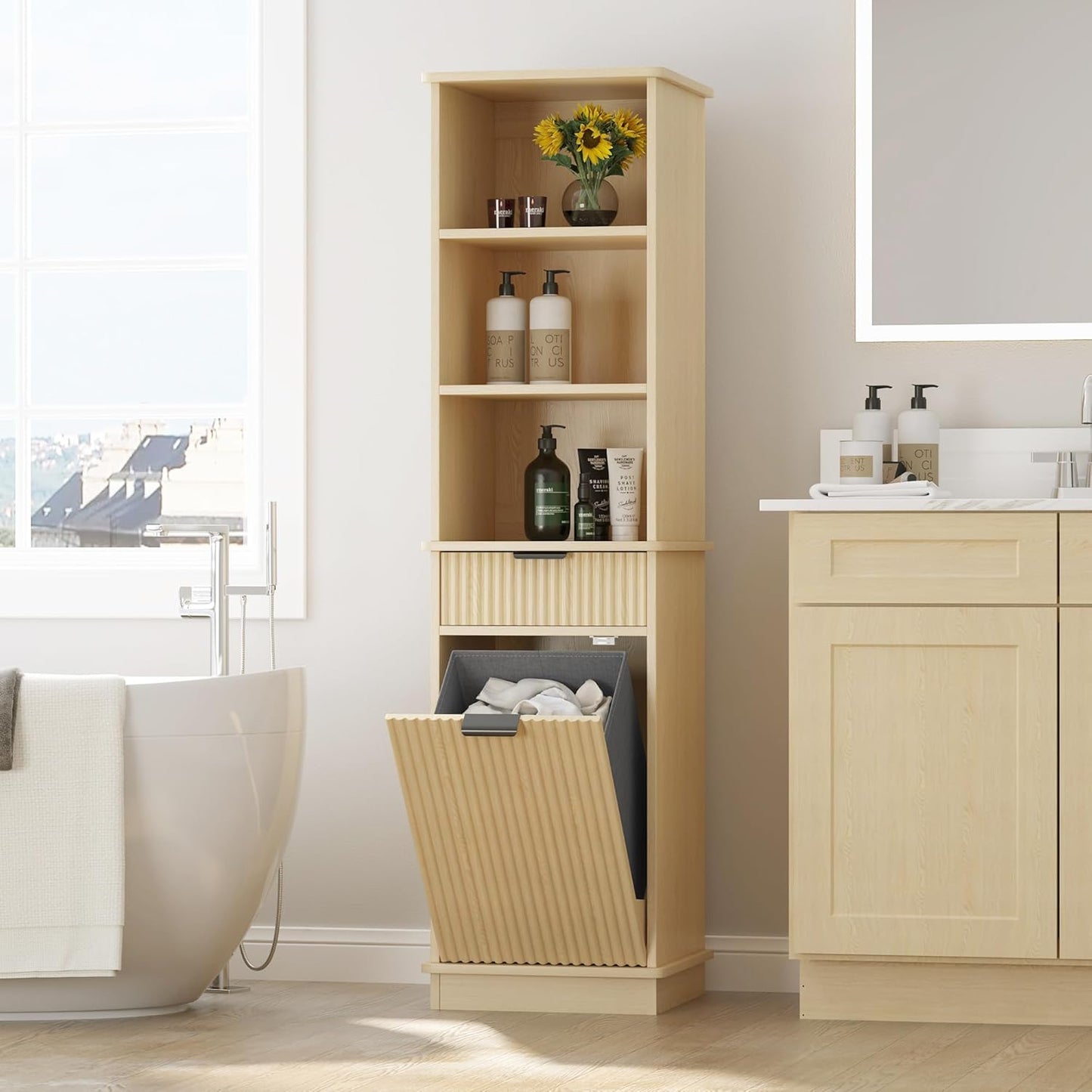 Natural Tilt Out Laundry Hamper Tall Bathroom Storage Cabinet Hidden Laundry Hamper Cabinet with Drawers and Baskets for Bathroom Hamper with Storage for Bedroom,16x16x59in