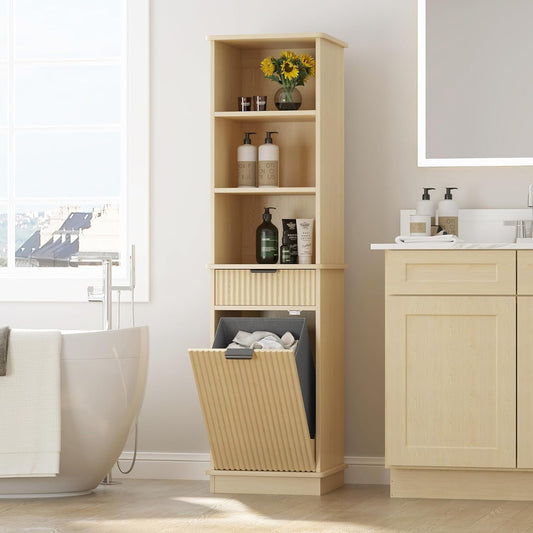 Natural Tilt Out Laundry Hamper Tall Bathroom Storage Cabinet Hidden Laundry Hamper Cabinet with Drawers and Baskets for Bathroom Hamper with Storage for Bedroom,16x16x59in