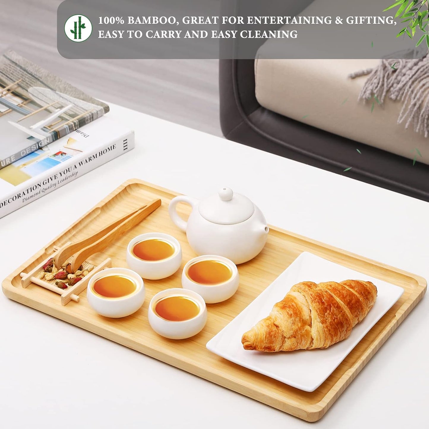 Bamboo Tray with Handles - Lightweight Serving Tray for Breakfast in Bed, Coffee Table, BBQ, Kitchen, Ottoman & Party - Perfect for Lap, Couch & Gifting - Large Size Wood Pallet - 15”x10”