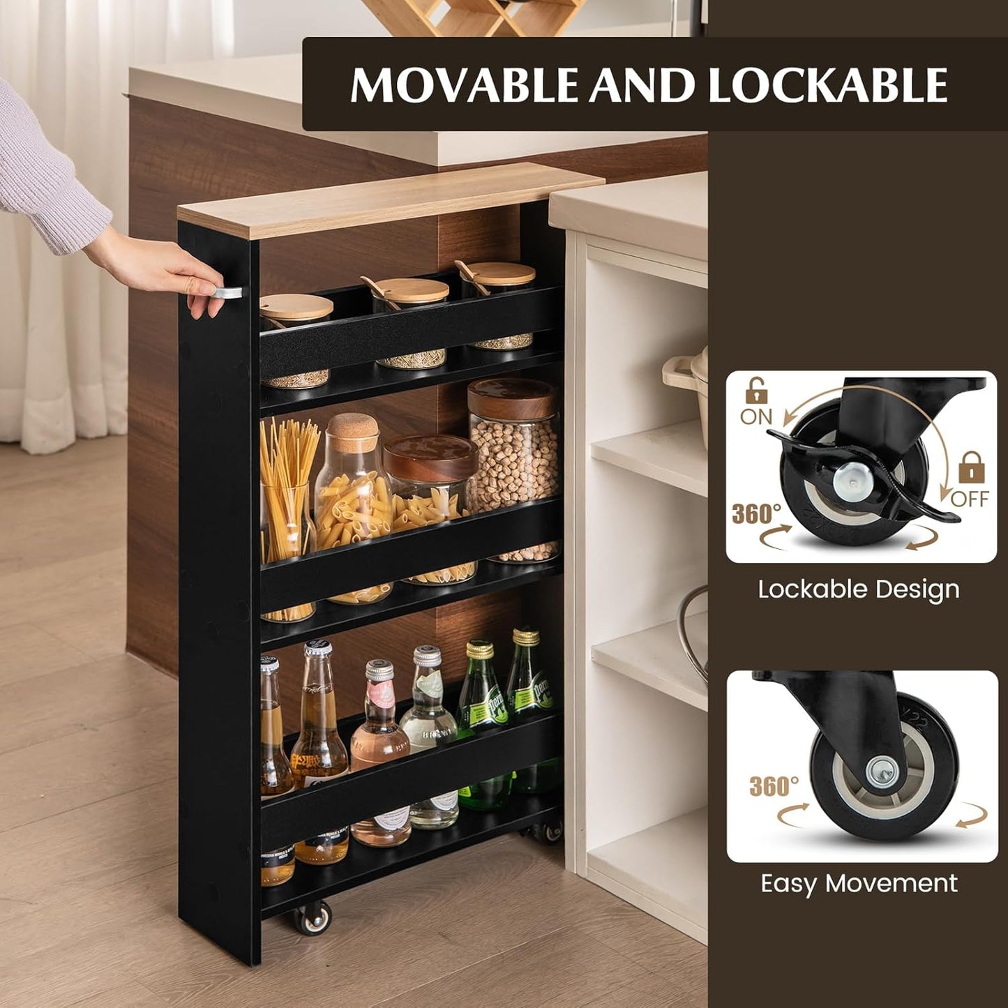 LOKO Slim Storage Cart, 4-Tier Rolling Cart with Handle & Wooden Top for Kitchen Bathroom Laundry Living Room Narrow Small Spaces, 5 Inches Width (Black & Natural)
