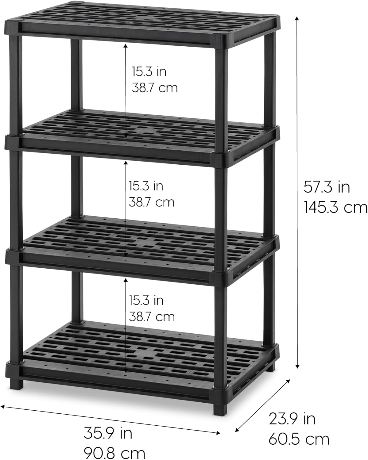 IRIS USA 4-Shelf Extra Heavy Duty Deep Plastic Storage Shelves, 800lb Capacity, 57" H x 36" W x 24" D, Large Modular Shelving Unit Storage Organizer for Garage, Home, Warehouse & Gym, Rack - Black