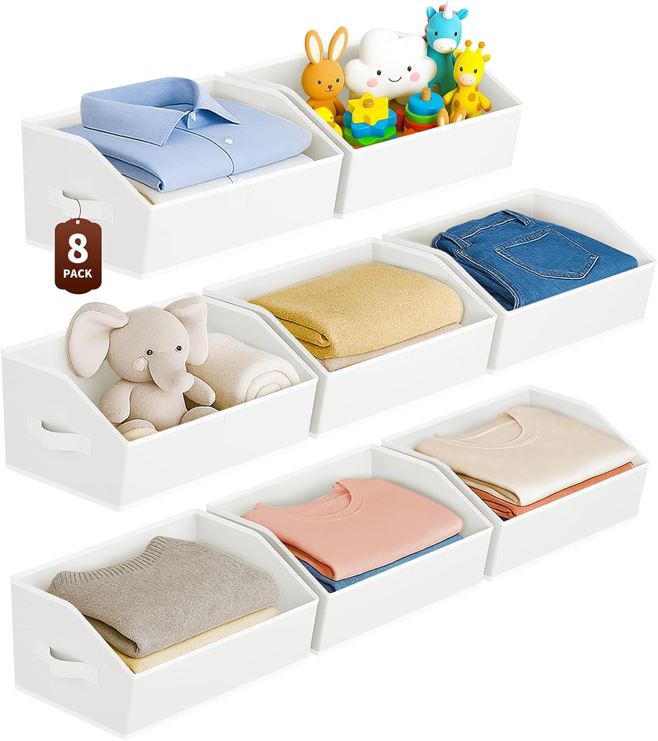 Large Closet Organizers and Storage Bins - 8 Pack Trapezoid Storage Baskets for Shelves, Foldable Fabric Baskets with Handles Ideal for Closet, Basket, Wardrobe and Shelf Storage, Light Grey