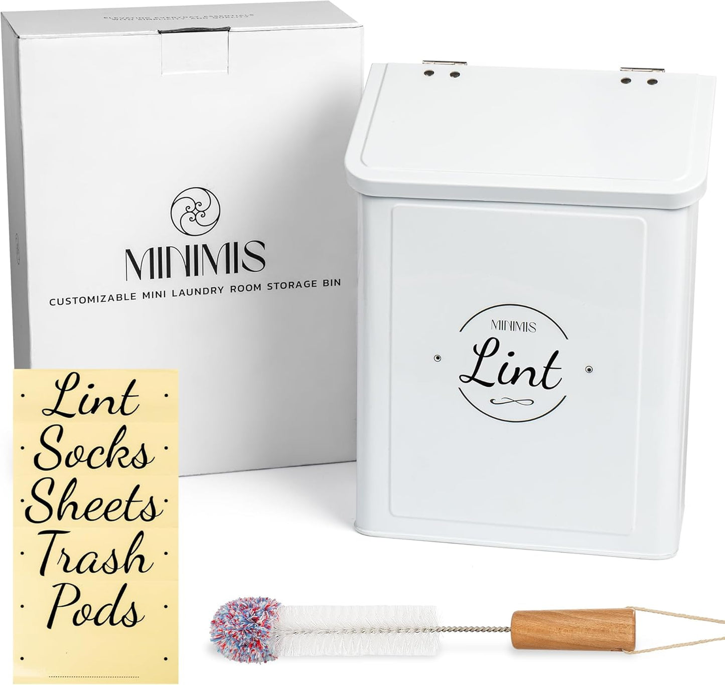 Minimis Customizable Mini Laundry Room Storage Bin - Small Magnetic Storage Holder Basket with Lid for Organizing Lint, Socks, Trash or Pods - Garbage Box Can be Mounted on a Wall/Dryer or Countertop