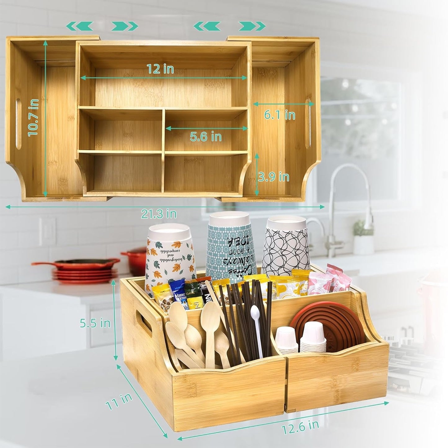 Coffee Station Organizer for Countertop, Bamboo Coffee Bar Condiment Organizer, Extendable Tea Condiment Storage for Bar Decor, Kitchen, Office, 7 Compartment