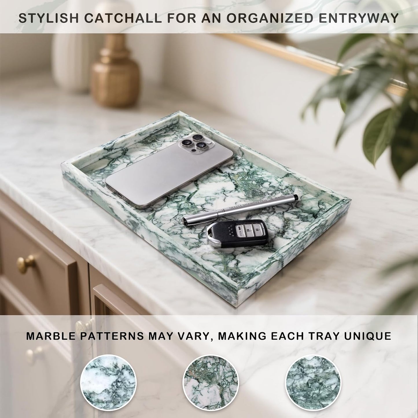 Marble Bathroom Tray for Countertop & Home Decor, Natural Decorative Marble Tray for Jewelry & Perfume Organizer, Luxury Stone Vanity Trays for Dresser, Kitchen Counter, 12" x 8", Jade Green