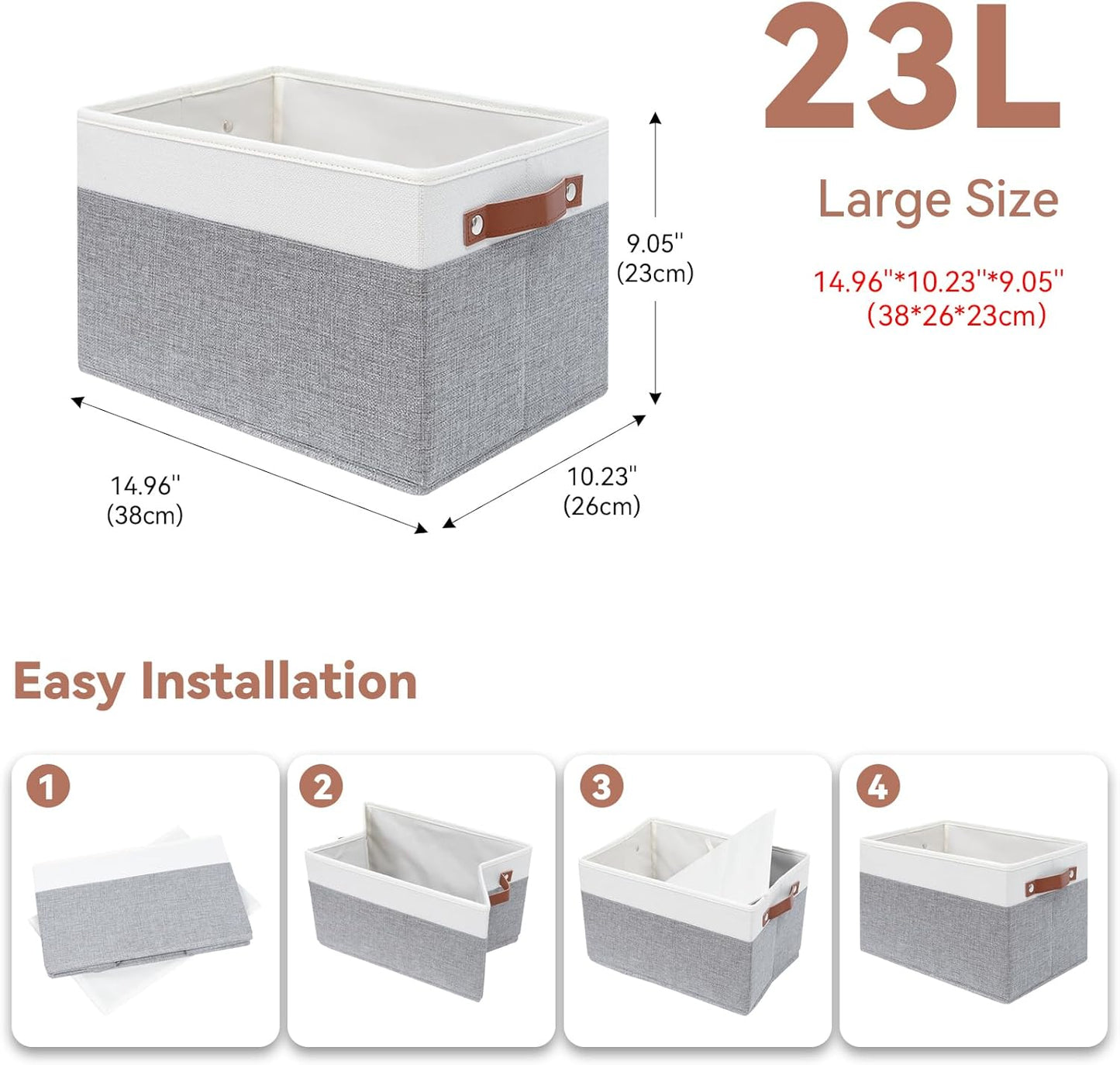 SNWDN 6 Pack Fabric Storage Baskets for Organizing Collapsible Fabric Storage Bins with Handles for Home and Office Organizing (White/Grey 15''Lx10.2''Wx9''H)