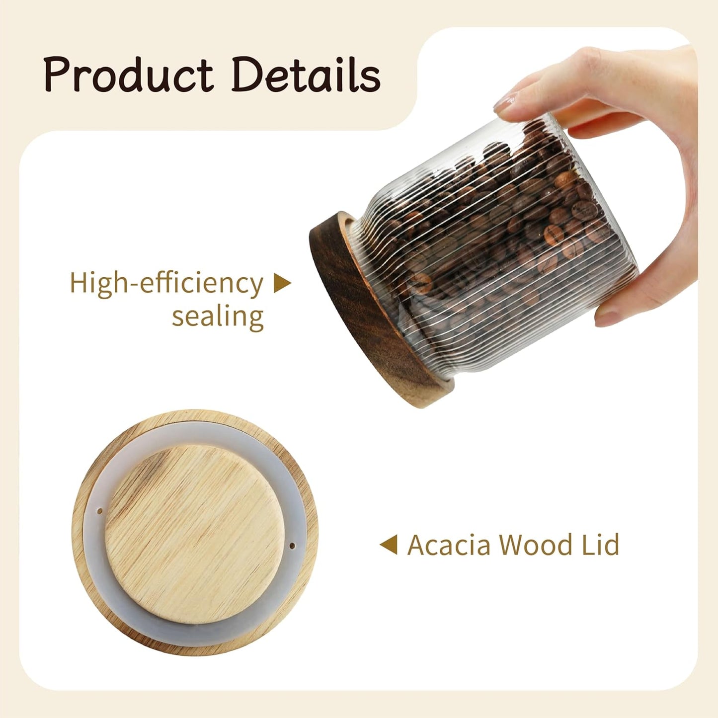 Ribbed Glass Storage Jars Set of 2 – Airtight Food Canisters with Wooden Lids, Stackable Kitchen Organizers for Coffee, Tea, Spices & Dry Goods (8.5oz)