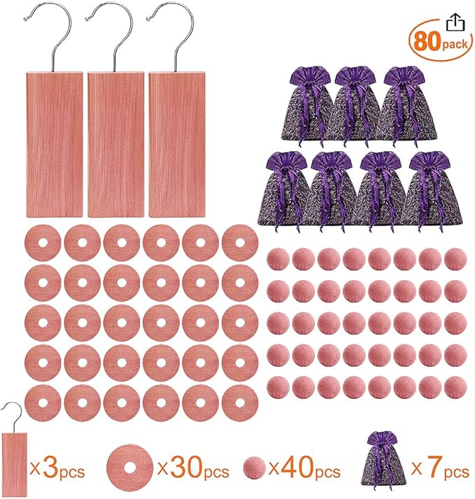 Cedar Blocks for Clothes Storage, Cedar Wood Chips and Balls for Drawer 80PCS, Closet and Kitchen Freshener, 100% Natural Cedar Blocks