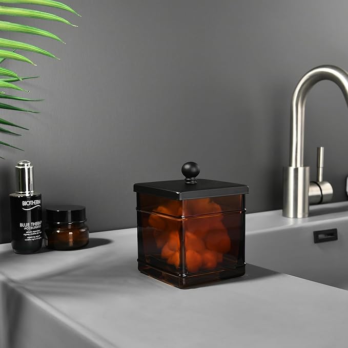 Amber Glass Cotton Jar Holder – Black Lid Elegant Bathroom Storage Canister for Qtips, Cotton Balls, Floss, Makeup Organizer, Vanity & Bathroom Organization