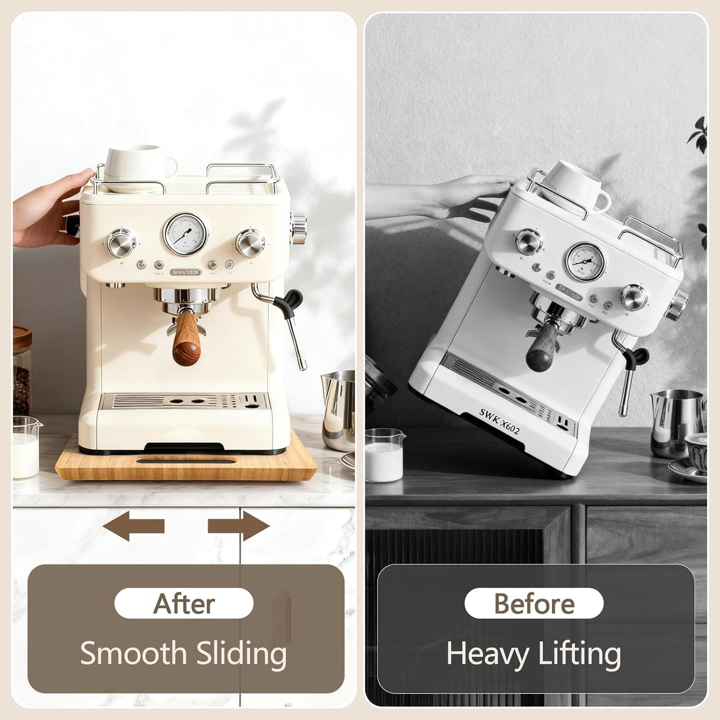 Fullin Bamboo Sliding Tray for Coffee Maker, 360° Rotation Appliance Slider for Kitchen Appliances Rolling Tray for Kitchen Countertop Organizer with Rubber Wheels