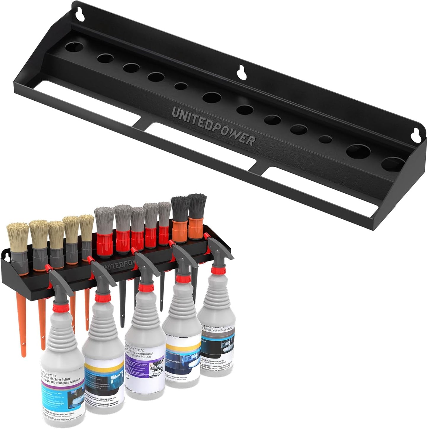 UNITEDPOWER Brush and Trigger Bottle Holder, Wall Mount Storage Rack Organizer for Auto Repair Shops Car Washes And Home Garages, Stores up to 12 Detailing Brushes & Hanging Rail for Bottles