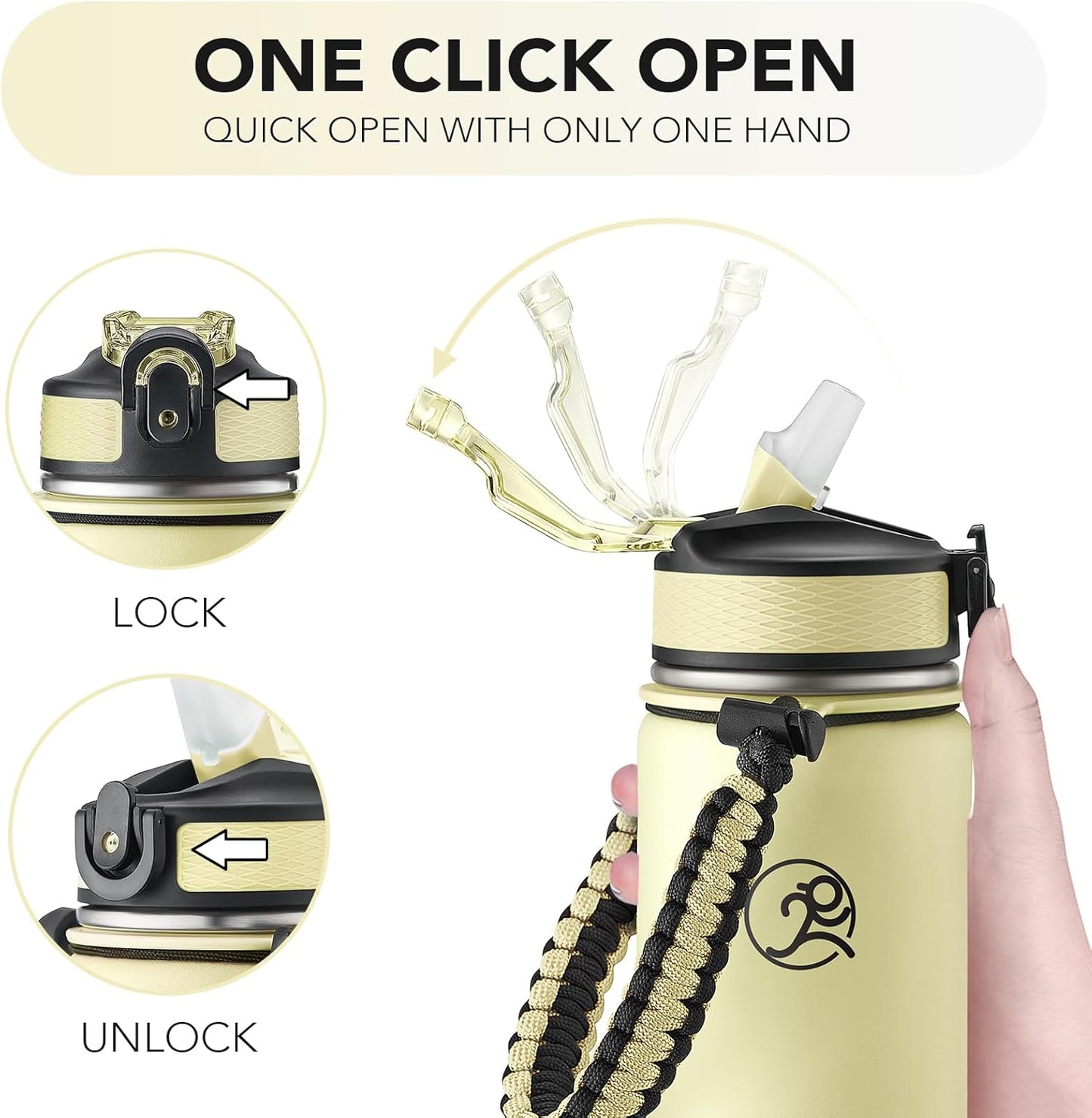 GOSWAG Insulated Sports Water Bottle, 24oz 2 Lids(with Straw/No Straw), Stainless Steel Water Bottles with Paracord Handle, Insulated Bottle with Double-Wall Vacuum Insulation