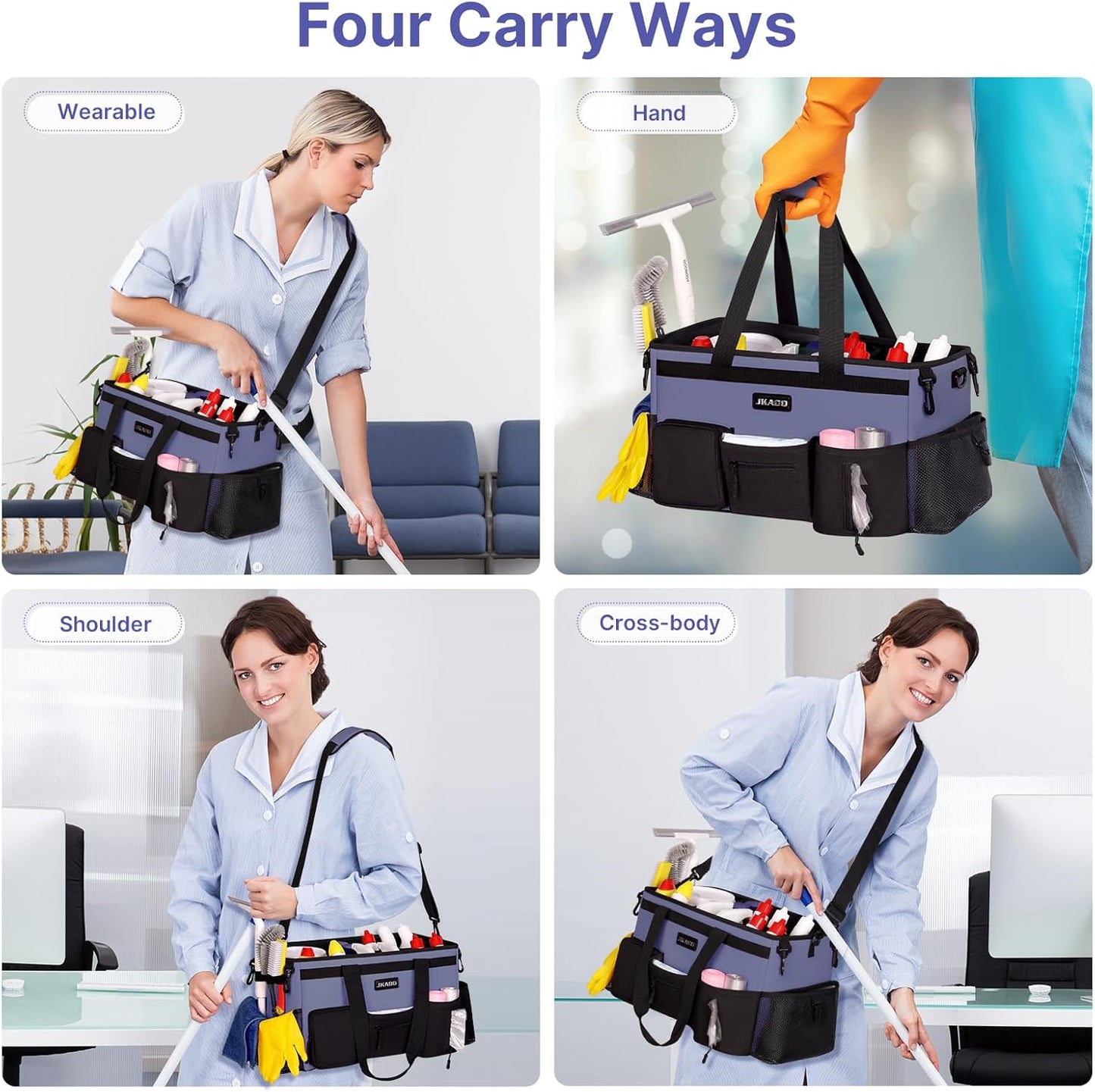 Large Wearable Cleaning Caddy Bags,Cleaning Supplies Storage Bag with Handles and Adjustable Shoulder Strap and Removable Waist Straps,Waterproof Cleaning Bags for Home,Car,Office (Denim Blue)