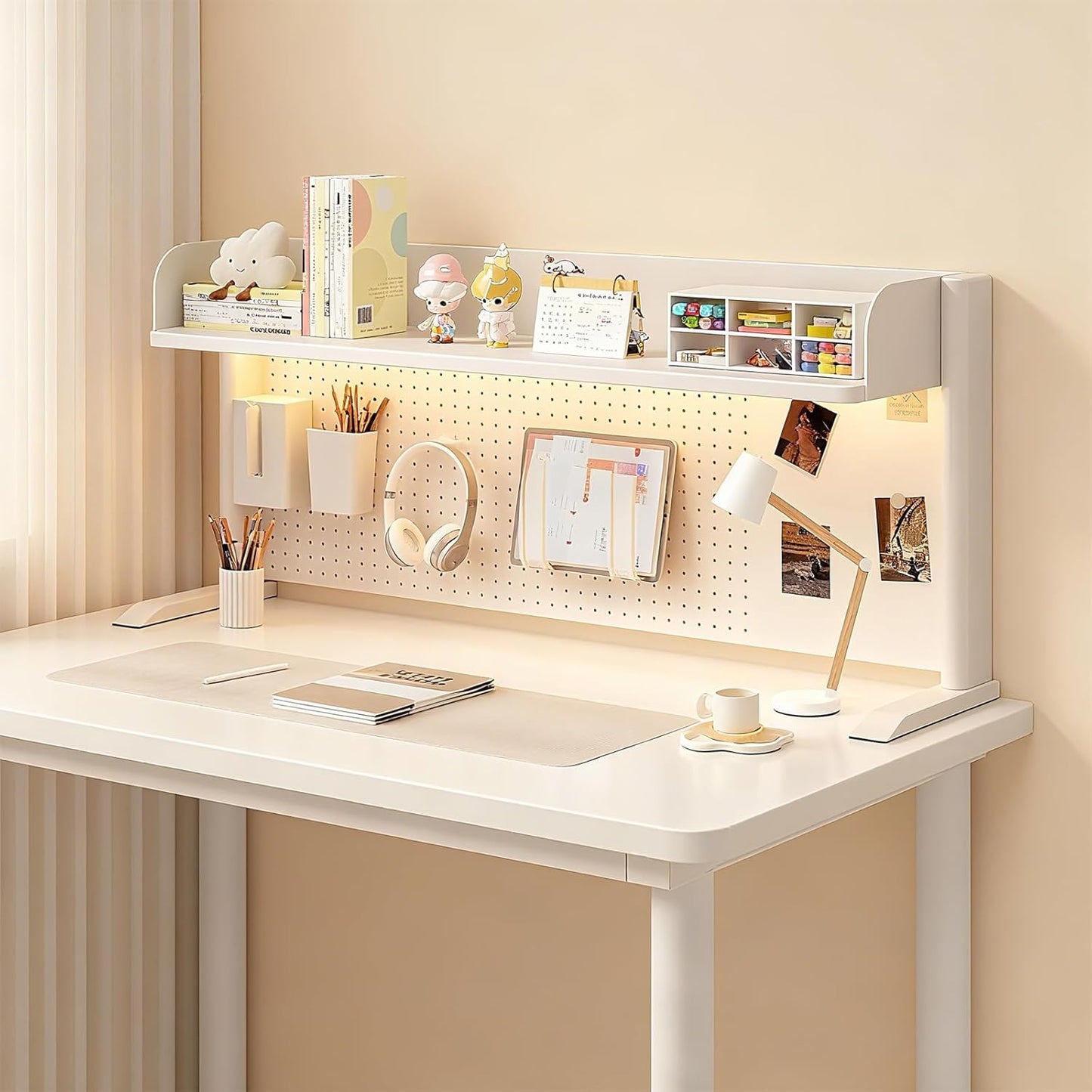 Desk Organizer Shelf for Standing Desk – Metal Frame Desk Hutch with Pegboard, Storage Shelf, and Hooks, Space-Saving Desktop Organizer for Home Office & Workstation White 39.4 * 9.3 * 15in