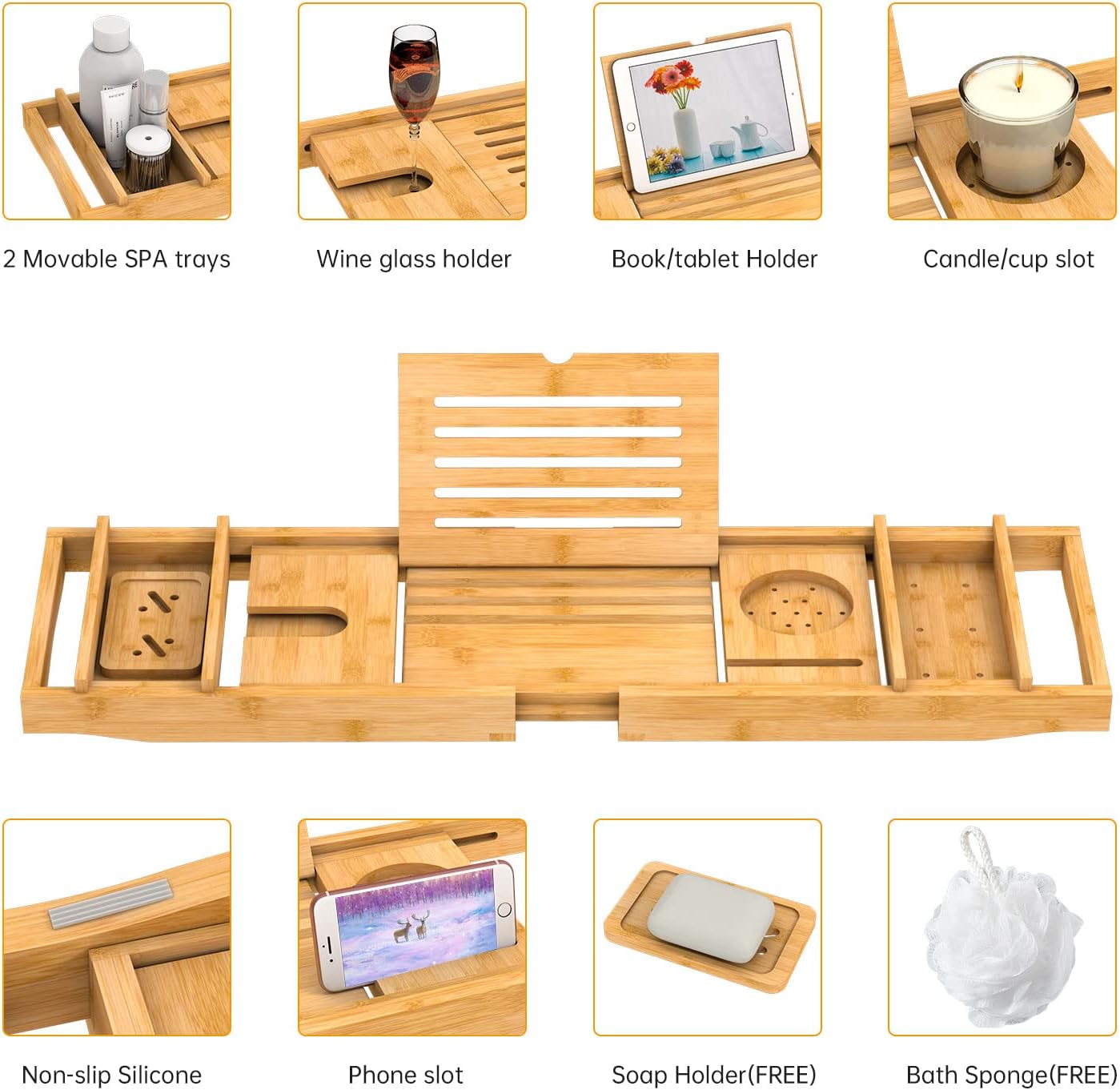 Bamboo Bathtub Tray for Luxury Bathroom, Expandable Premium Bath Tray w/Soap Towel Book Holder, Adjustable Bath Accessories for Tub,Extendable Tub Tray w/Wine Glass Cup Organizer 29.5"-43.3" Nature