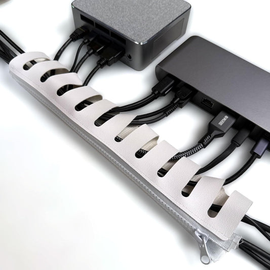 Under Desk Cable Organizer 2-Pack – PU Leather, Zipper Closure with 10 Cable Slots, Tool-Free Mount, Connectable Design for Home and Office Wire Management (White)