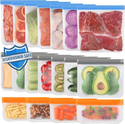 Lerine 18 Pack Dishwasher Safe Reusable Bags, Leakproof Reusable Freezer Bags, BPA Free Food Storage Bags for Lunch Marinate Food Travel (Multicolor, 7 Gallon 7 Sandwich 4 Snack)