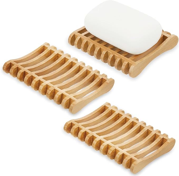 Suclain 3 Pieces Bamboo Soap Dishes Self Draining Wooden Bar Soap Holder for Sponge Dryer Bathroom Toilet Shower Kitchen Restaurant Counter