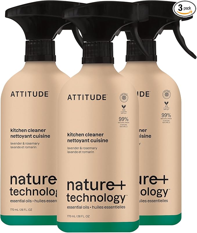 ATTITUDE Kitchen Cleaner Spray, Natural Origin Ingredients, EWG Verified, Cleans and Degreases, Streak-Less, Lavender & Rosemary, 26 Fl Oz (Pack of 3)