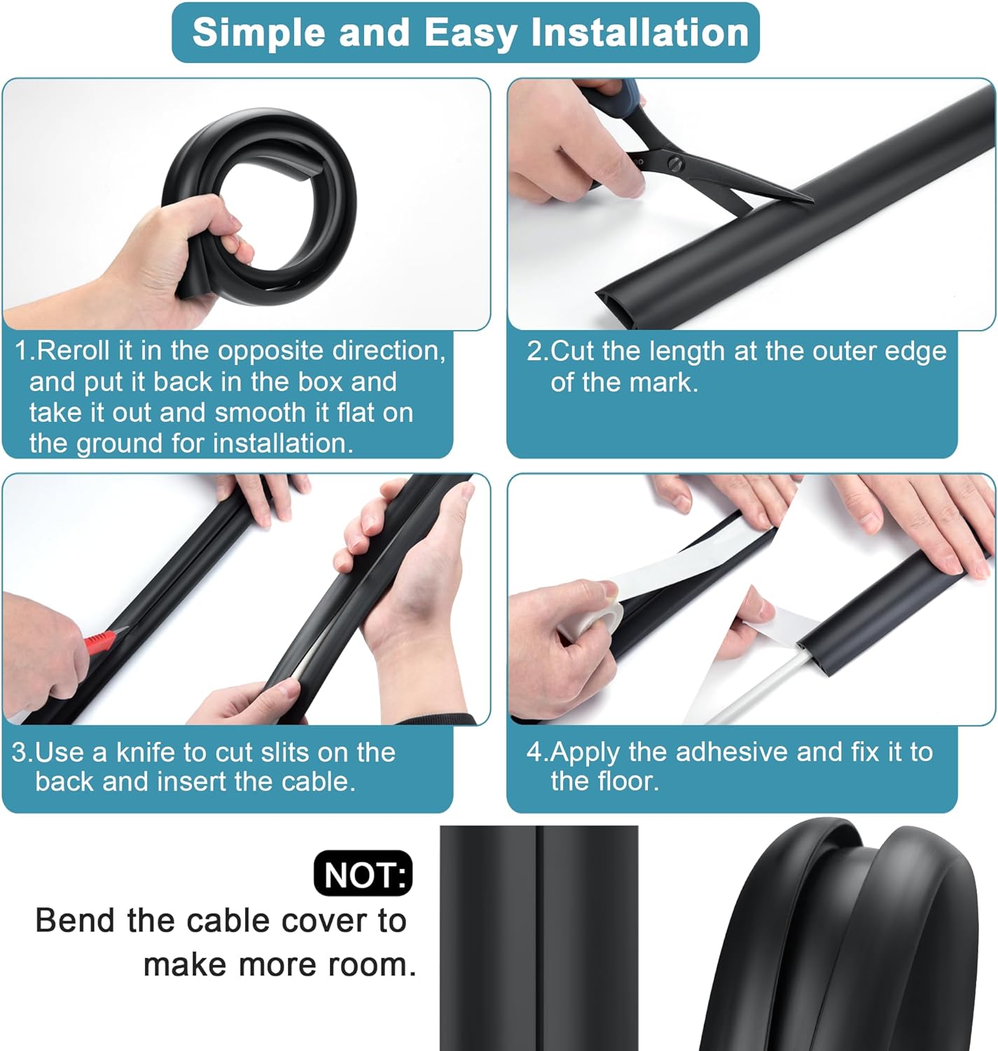 8.5FT Black Cord Cover Floor, Cord Protector, Floor Extension Cable Cover, Soft PVC Wire Covers - Cord Cavity: 0.7" (W) x 0.4" (H)
