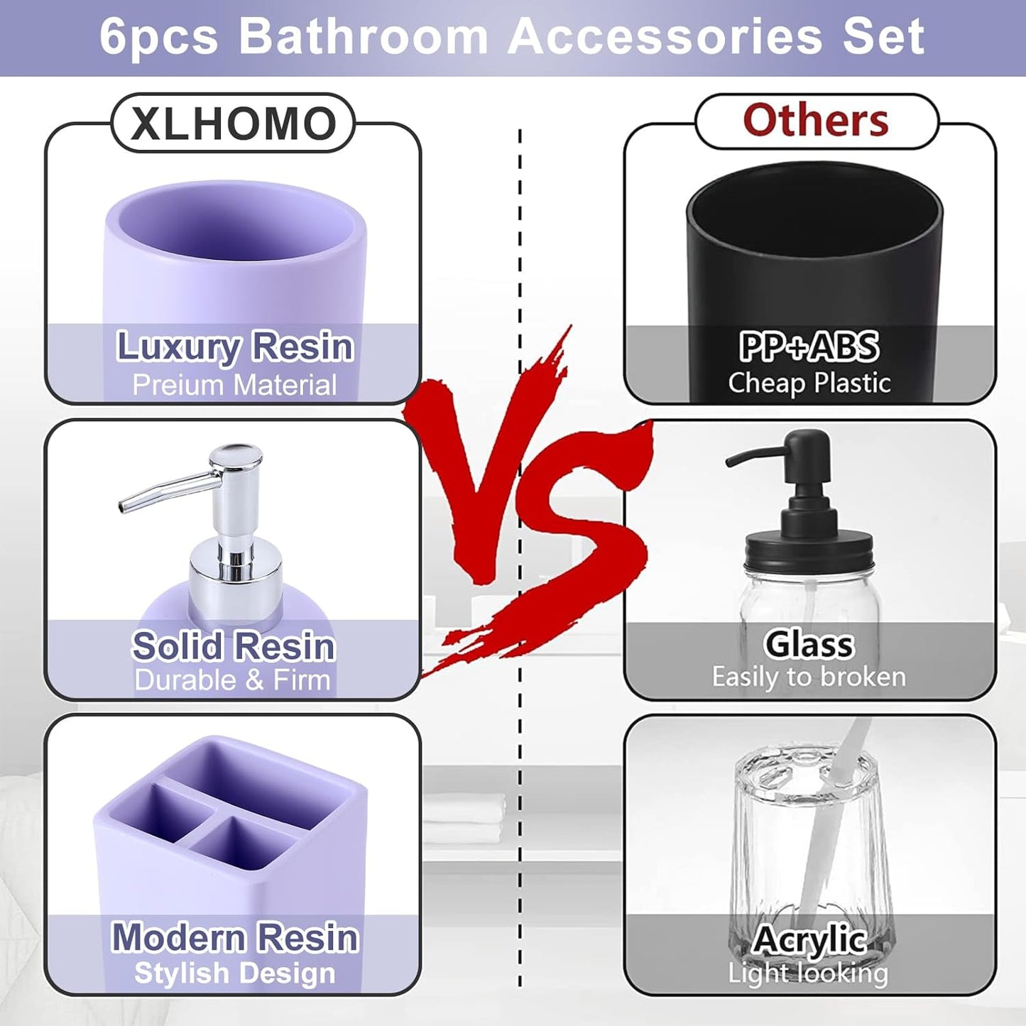 Resin 6 Pcs Purple Bathroom Set Complete with Toothbrush Holder, Lotion Soap Dispenser, 2 Qtip Holder Dispensers,Vanity Tray,Bathroom Tumbler - Countertop Vanity Organizer - Bathroom Accessories