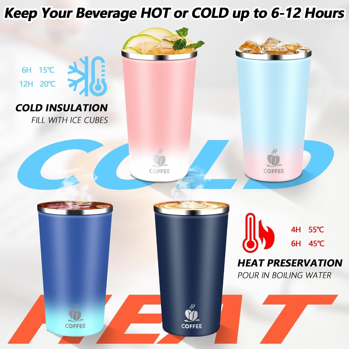 Insulated Travel Coffee Mug Reusable Coffee Tumbler Cup with Flip Lid Leak Proof Spill Proof for Office School Party Camping Hot and Cold Drink,Stainless Steel 17oz (Pink White)