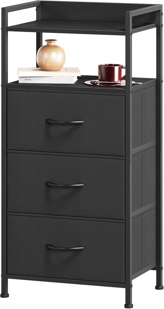 Somdot Nightstand with 3 Drawers, Dresser with Fabric Bins for Bedroom, Hallway, Entryway, Nightstand Bedside Table Furniture, Sturdy Steel Frame, Wooden Top, Easy Pull Fabric Bins, Black