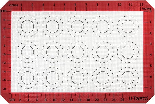 446ºF Heat Resistant Macaron Mat: U-Taste 14.17x9.44in Non Stick Silicone Baking Mat, Reusable Cookies Pastry Sheet Liner with Edge Enhancement & Circle Measurement for Cake Pan (Red)