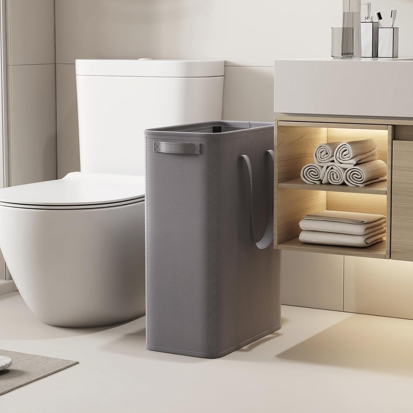 Lifewit 2 Pack Slim Laundry Hamper, Collapsible Narrow Laundry Basket, Small Tall Dirty Clothes Hampers with Handles for Bathroom Bedroom College Dorm, Grey, 50L