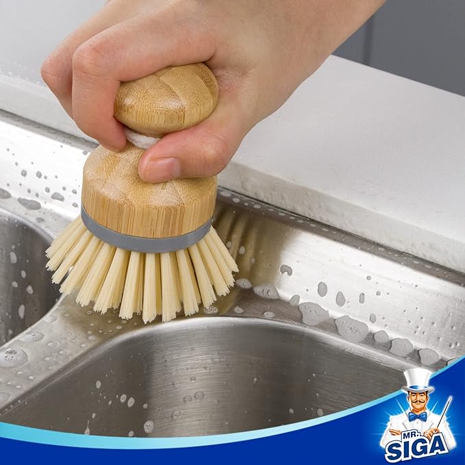 MR.SIGA Bamboo Palm Brush, Scrub Brush for Dishes Pots Pans Kitchen Sink Cleaning, Pack of 2