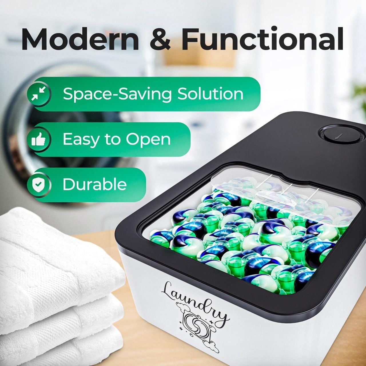 Skywin Laundry Pod Container with Slide Lid, 15 x 8.7 x 4.5 In, Holds 11 Pounds OR 120-150 Pods, Black with Print