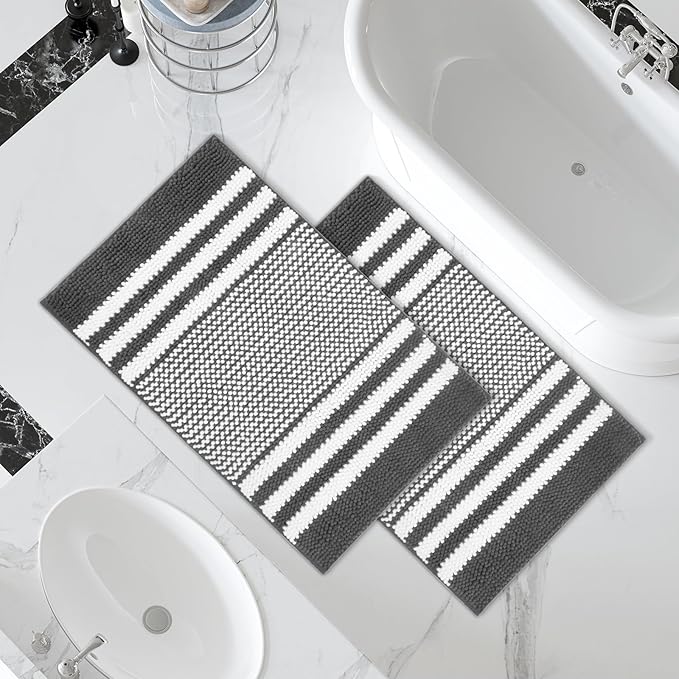 Tindbea Bathroom Rugs Set 2 Piece, Extra Soft and Absorbent Fluffy Striped Chenille Bath Mat Rug Set, Non Slip Bathroom Floor Mat, Machine Washable (20" x 32" Plus 20" x 32", Dark Gray)