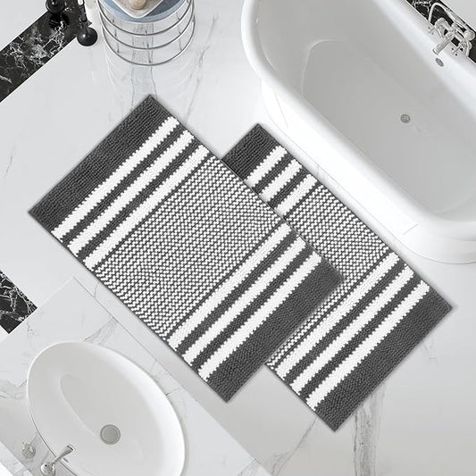 Tindbea Bathroom Rugs Set 2 Piece, Extra Soft and Absorbent Fluffy Striped Chenille Bath Mat Rug Set, Non Slip Bathroom Floor Mat, Machine Washable (20" x 32" Plus 20" x 32", Dark Gray)