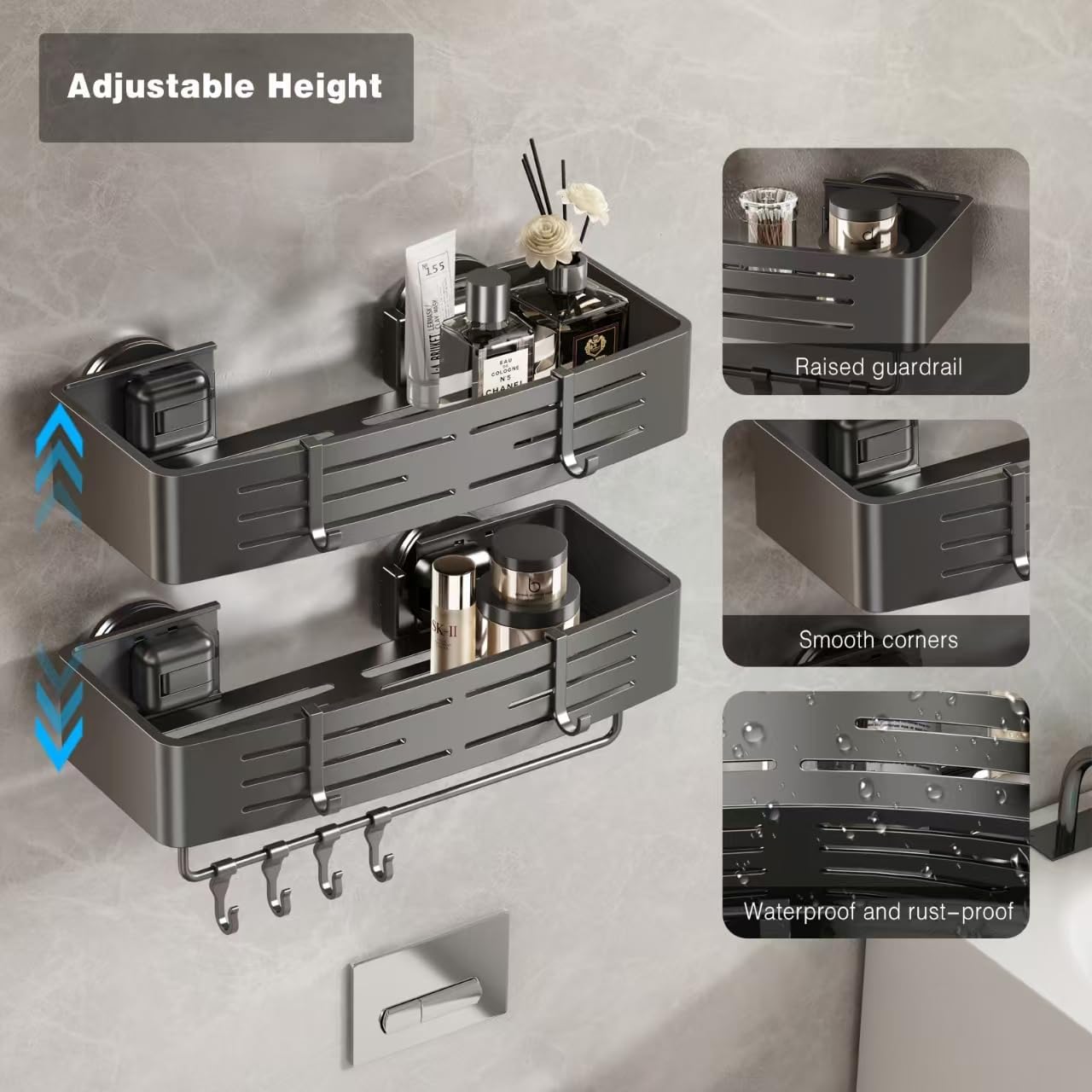 Voldra Shower Caddy Suction Cup, 2 Pack Shower Shelves for Inside Shower No Drilling, Aluminum Suction Showers Organizer with Towel Bar & Hooks Removable Bathroom Shelf Storage Rack(Gray)