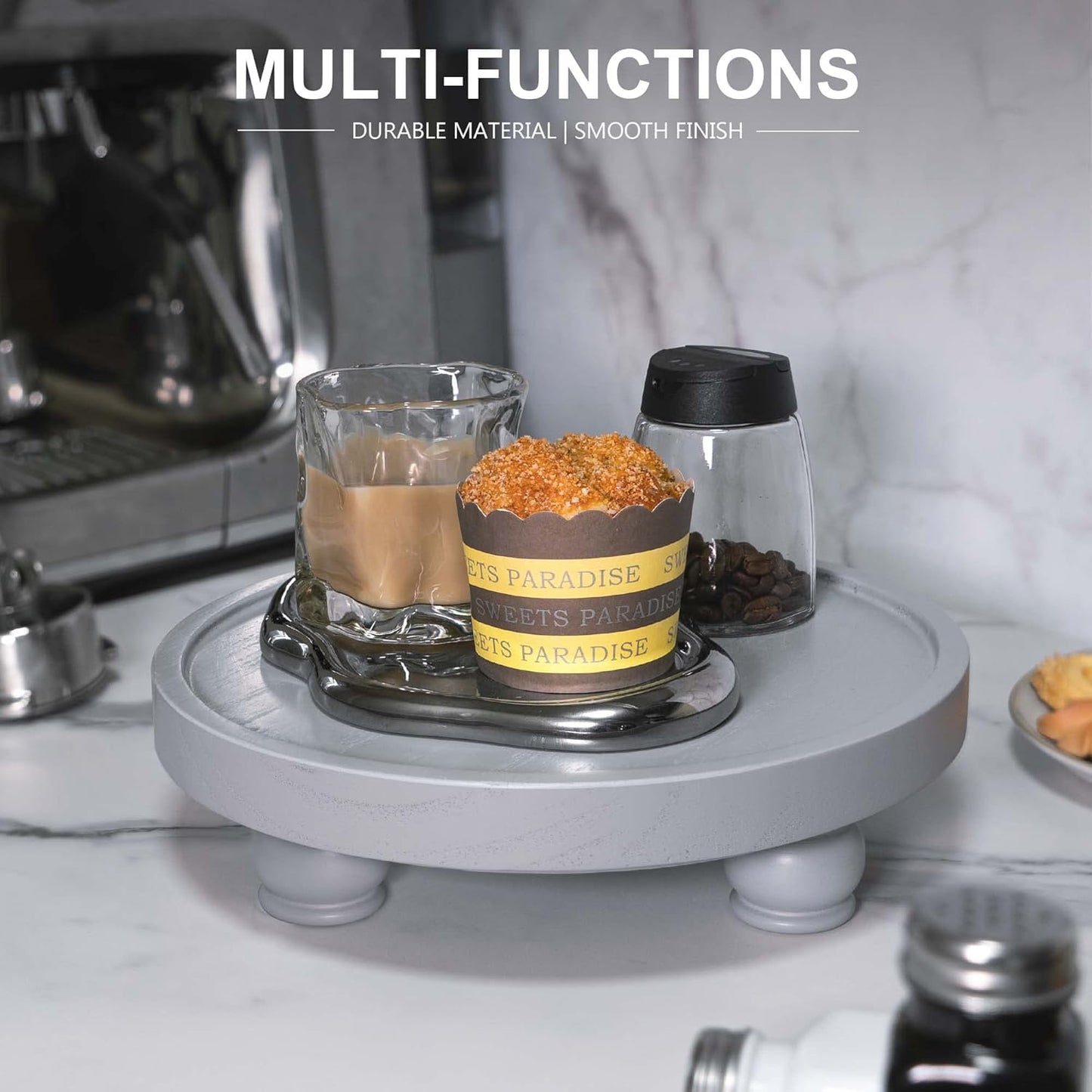 EOSAHR Modern Wooden Risers for Display: Farmhouse Pedestal Stand for Home, Kitchen and Bathroom Counter Decor - Stylish Round Waterproof Decorative Tray for Organize Soap, Sink, Jewelry (Gray)