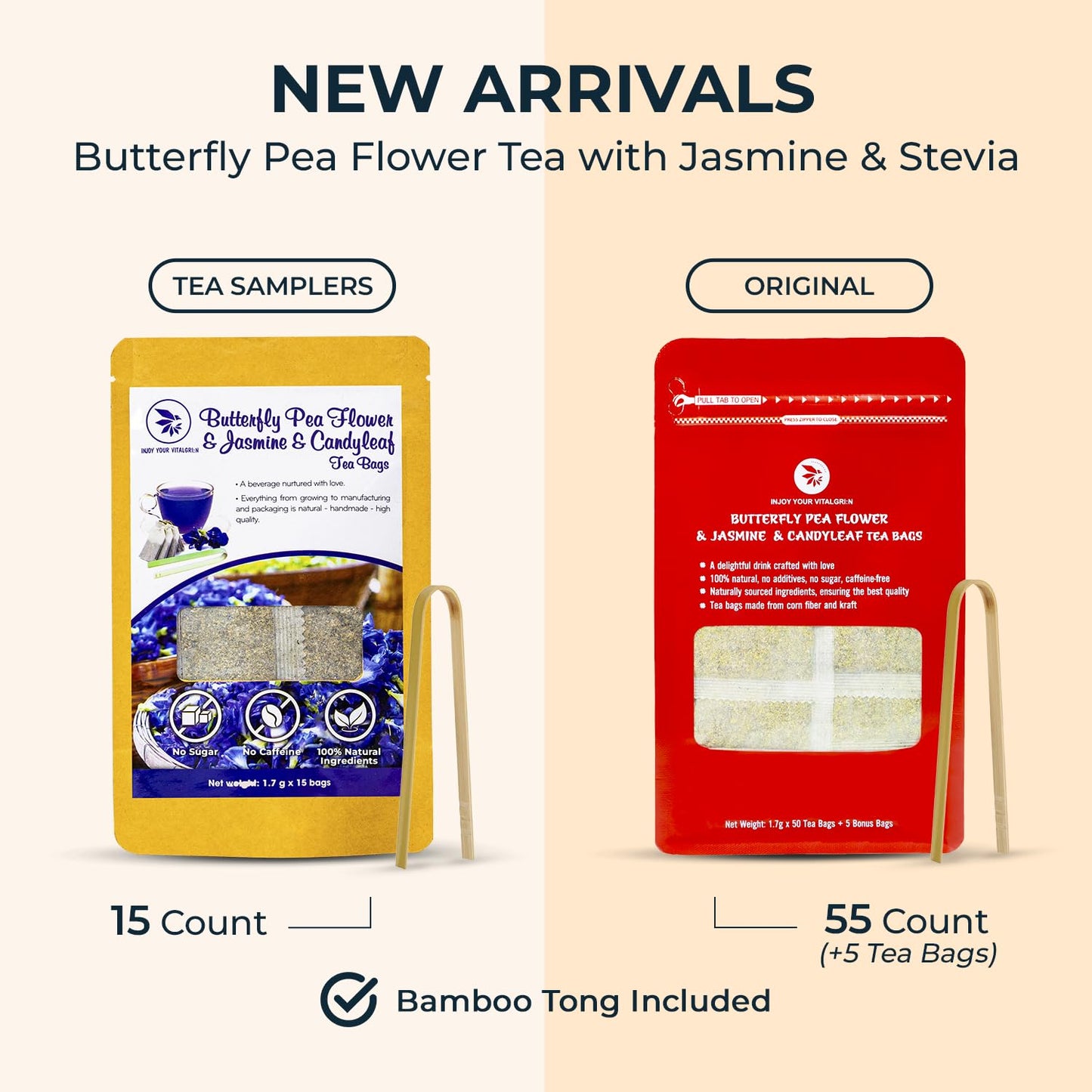 Butterfly Pea Flower Tea Samplers with Jasmine & Stevia - 15 Count, Mini Tea Bags, Bamboo Tong Included, No Sugar Added, Re-Steep Natural Herbal Tea Blend for Skin,Support