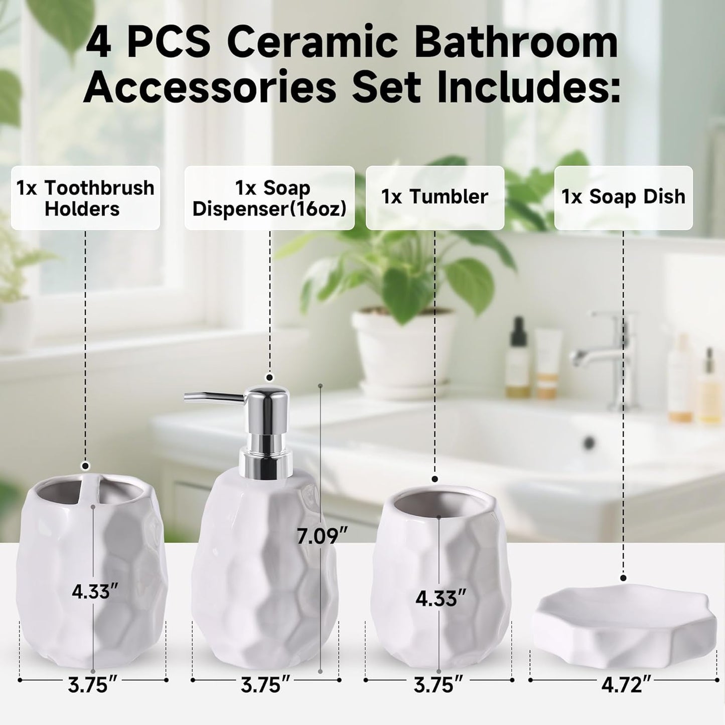 Ceramic Bathroom Accessories Set 4 PCS,Bathroom Toothbrush Holder Set,Soap and Toothbrush Holder Set,Include Toothbrush Holder,Soap Dispenser,Tumbler,Soap Dish,Bathroom Sets Decor Organizer (White)