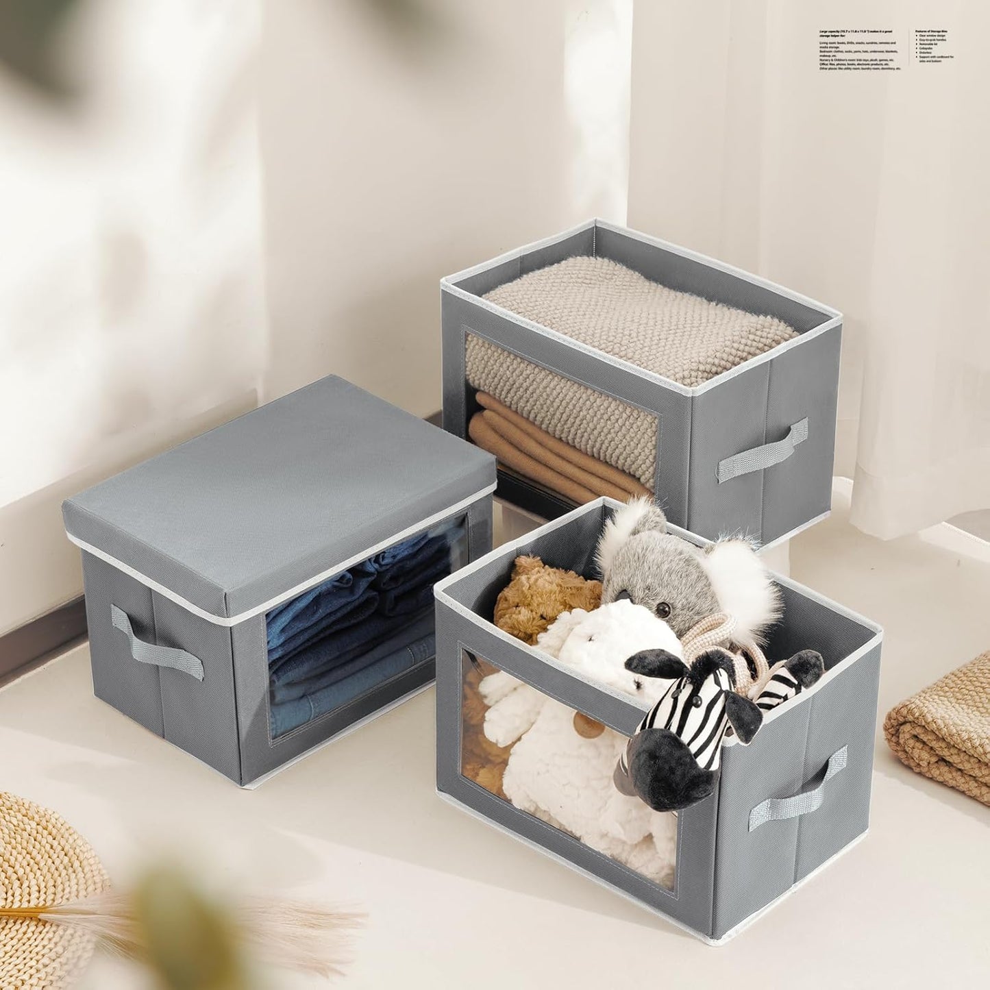 Stackable Storage Bins with Lids - Medium Storage Box with Lids, Foldable Closet Boxes for Organizing, Wardrobe Clothes Organizer with Window, Cubes Bins for Living Room, 5 Pack, Grey