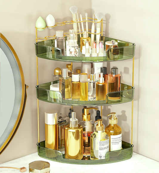 FELIZHOUSE 3-Tier Makeup Organizer for Vanity & Bathroom Countertop – Acrylic Storage Shelf with Perfume Tray & Makeup Brush Holder, Tool-Free Installation, Design for Bathroom & Dresser - Green