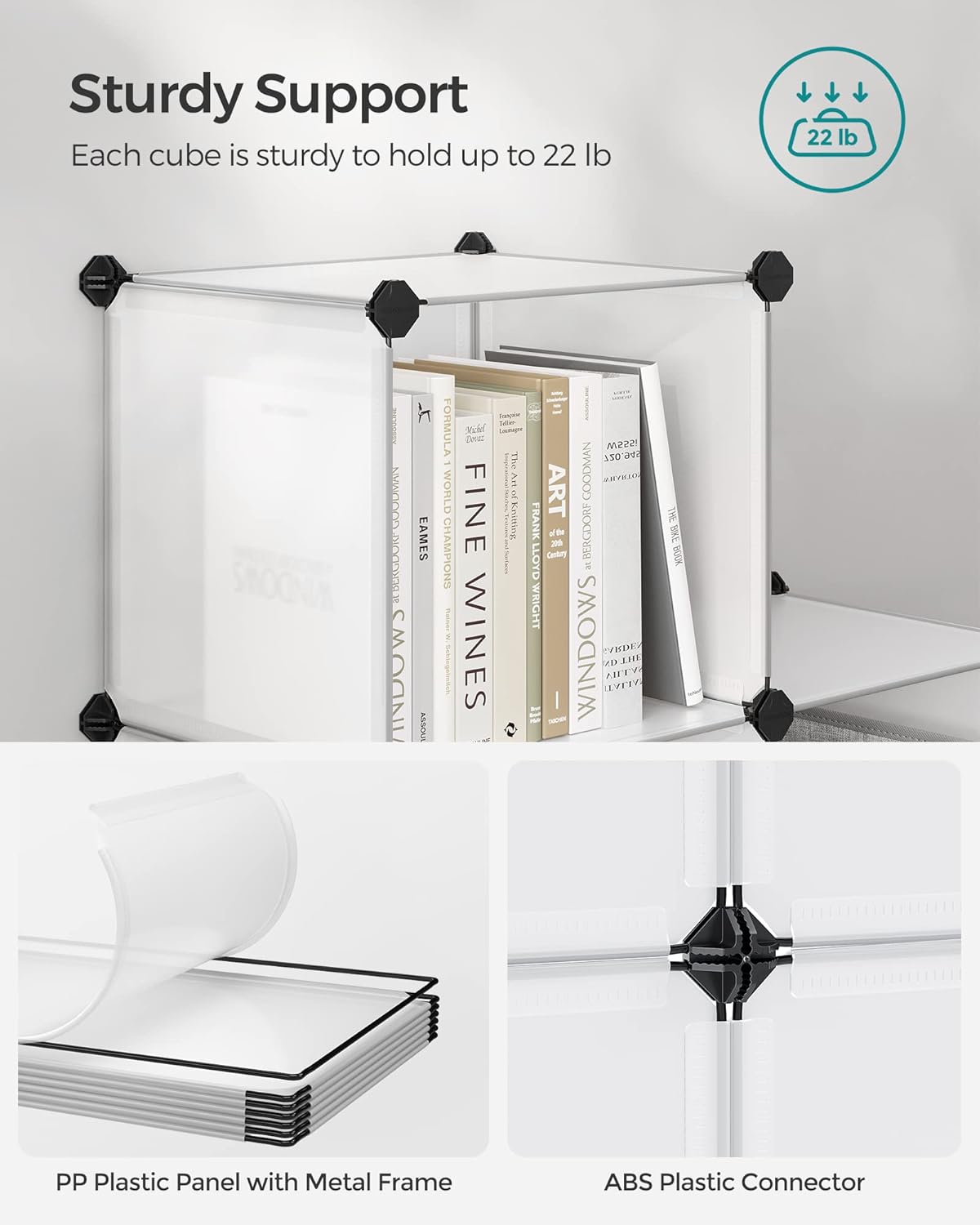 SONGMICS 6 Cube Storage Organizer, Modular Bookshelf, DIY Closet Organizers and Storage, Plastic Stackable Shelves, 14.6 x 13 x 13 Inch Cubes, with Feet and Rubber Mallet, White ULPC206W01