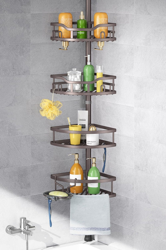 HAMITOR Corner Shower Caddy Tension Pole: Rustproof Stable 4-Tier Bathroom Organizer Shelves for Bathtub Shampoo Storage - 47-121 Inch Quick Install Adjustable Standing Rack with Soap Rack - Bronze